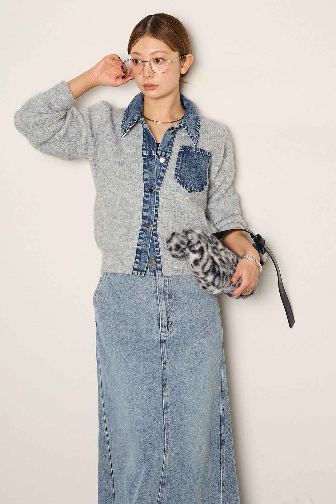 [SET]襟付きデニム切替ニットカーディガン+デニムロングフレアスカート(2set)