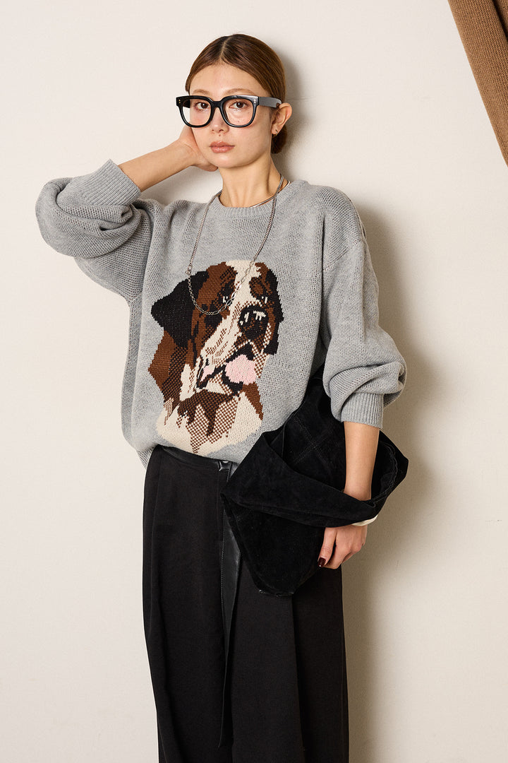 [SET]アニマルジャガード柄ニットトップス+巻ベルトウエストレザーライクワイドパンツ(2set)