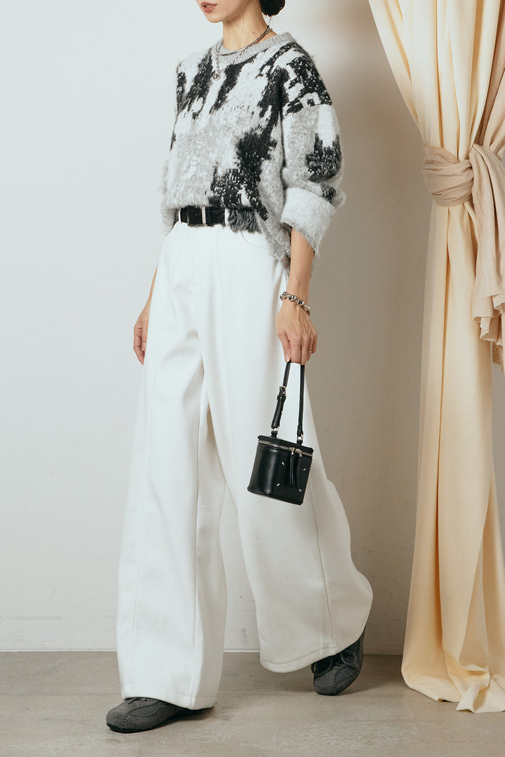 [SET]起毛ニュアンス柄ニットプルオーバー+ファーベルト付きワイドパンツ(2set)