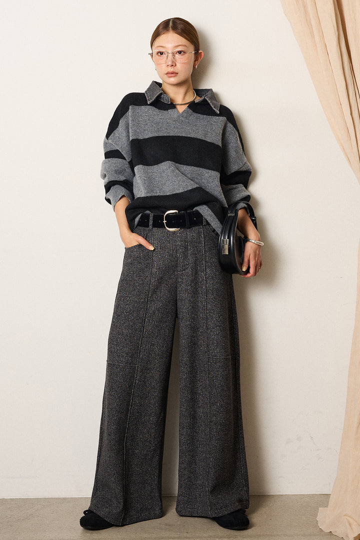 [SET]デニムカラーボーダールーズニット+太ベルト付きツイードワイドパンツ(2set)