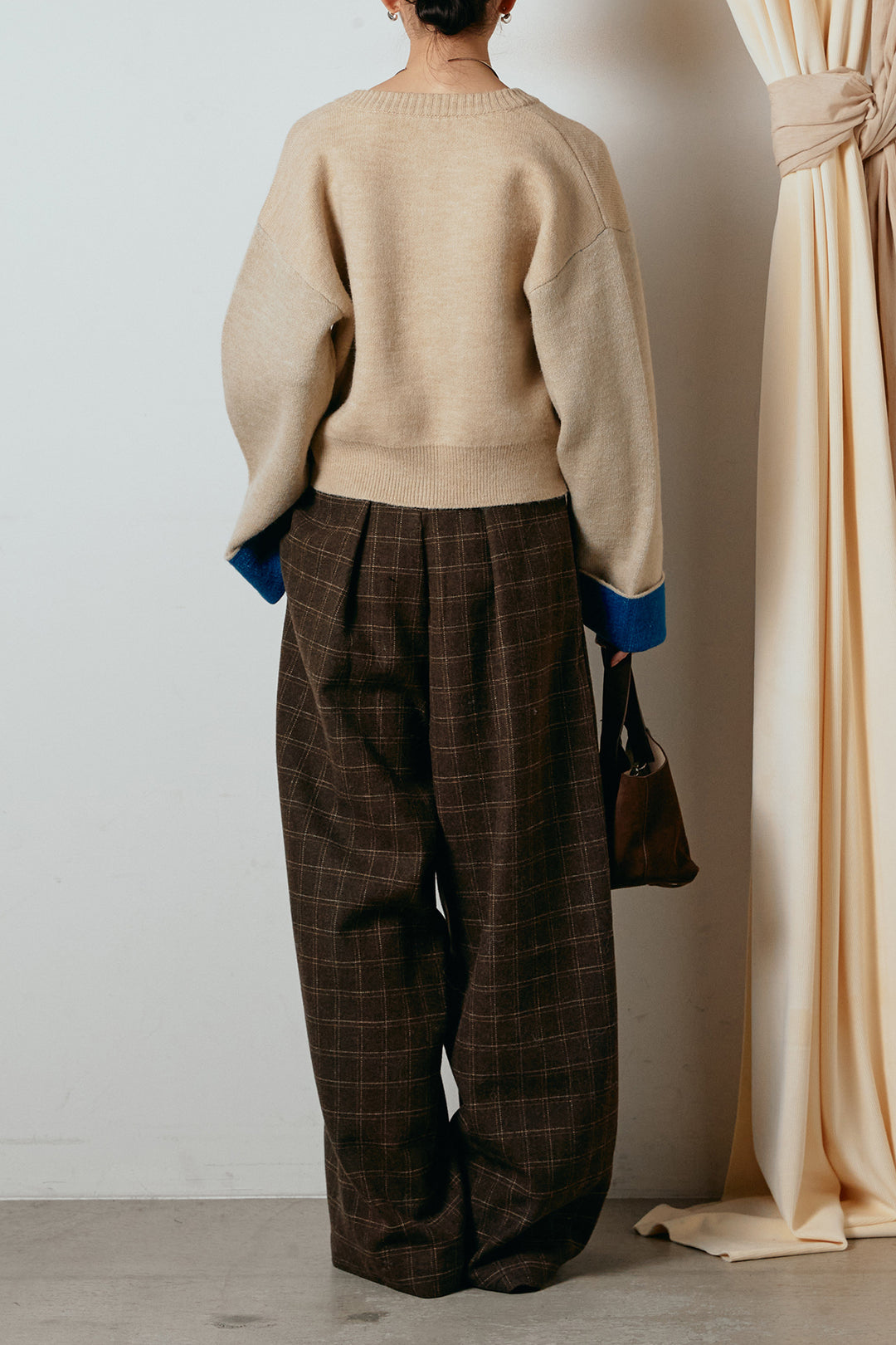 [SET]アルパカタッチダブルフェイスカーディガン+ウールライクチェックタックパンツ(2set)