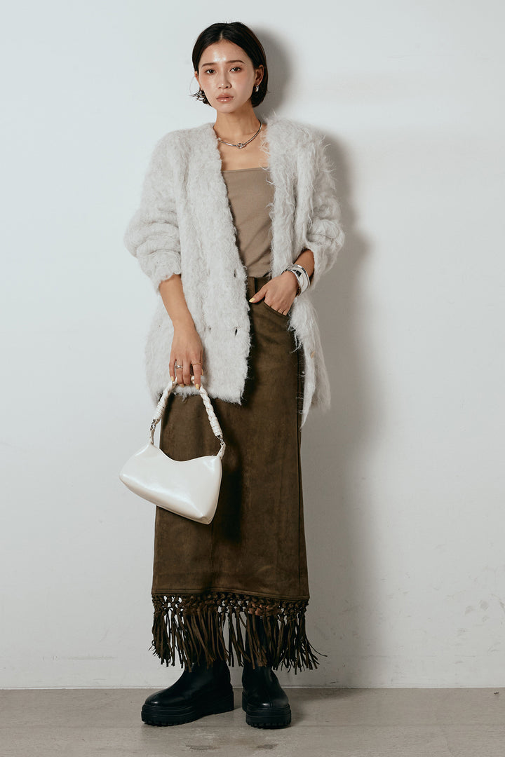 [SET]ウェーブシャギーニットジャケット+スウェードライク裾フリンジスカート(2set)