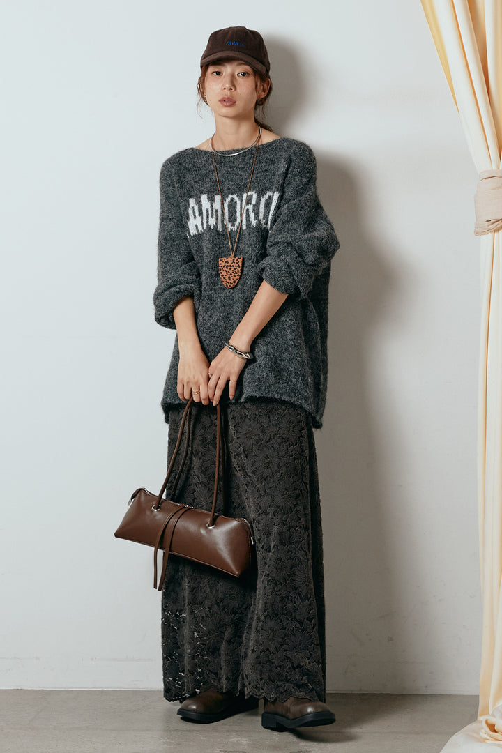 [SET]フロントロゴデザインニットトップス+花柄刺繍ベロアフレアスカート(2set)