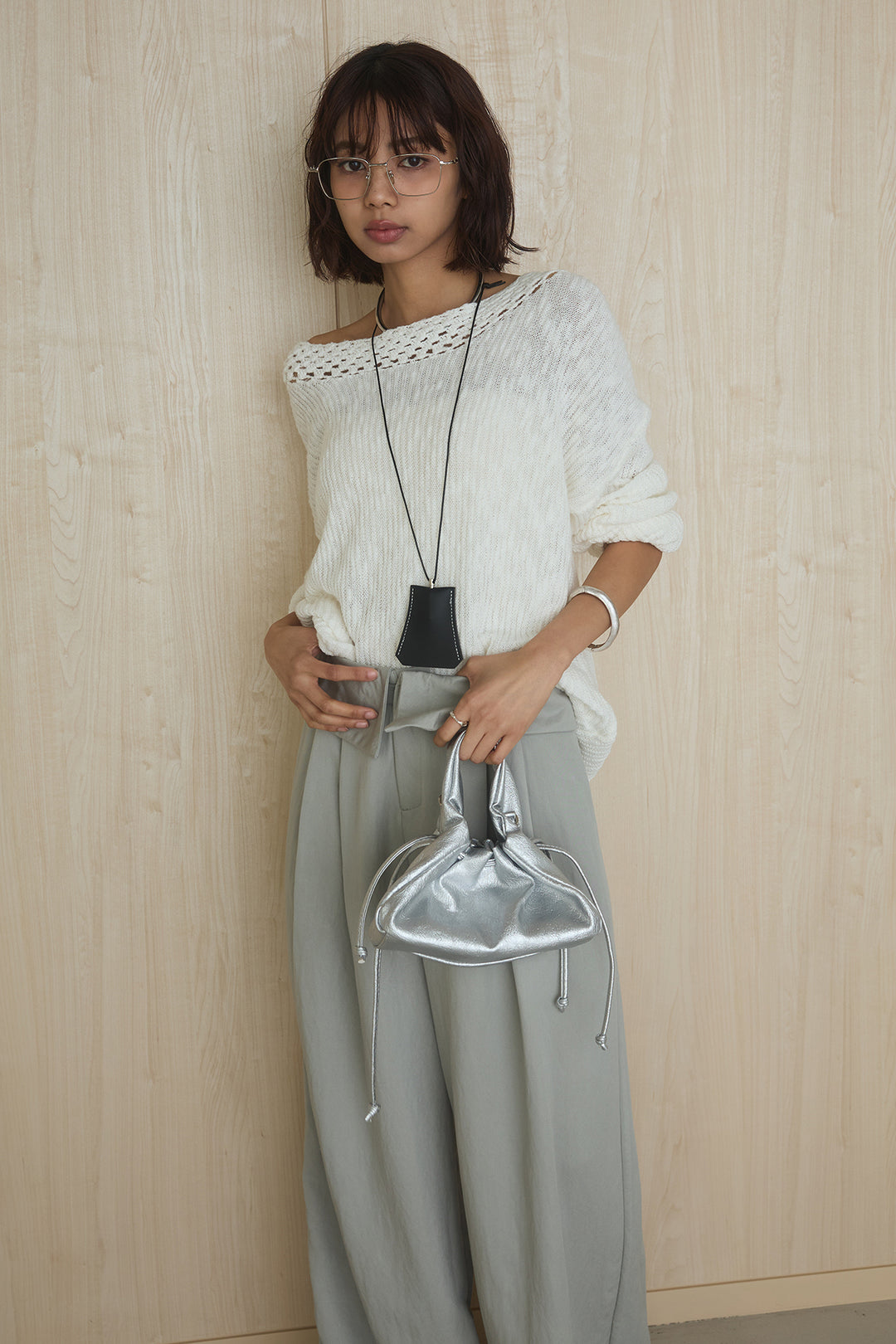 [SET]ネック編みデザインニットトップス+ウエスト折り返しワイドパンツ(2set)