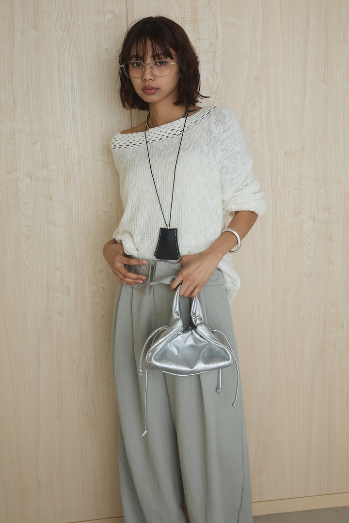 [SET]ネック編みデザインニットトップス+ウエスト折り返しワイドパンツ(2set)