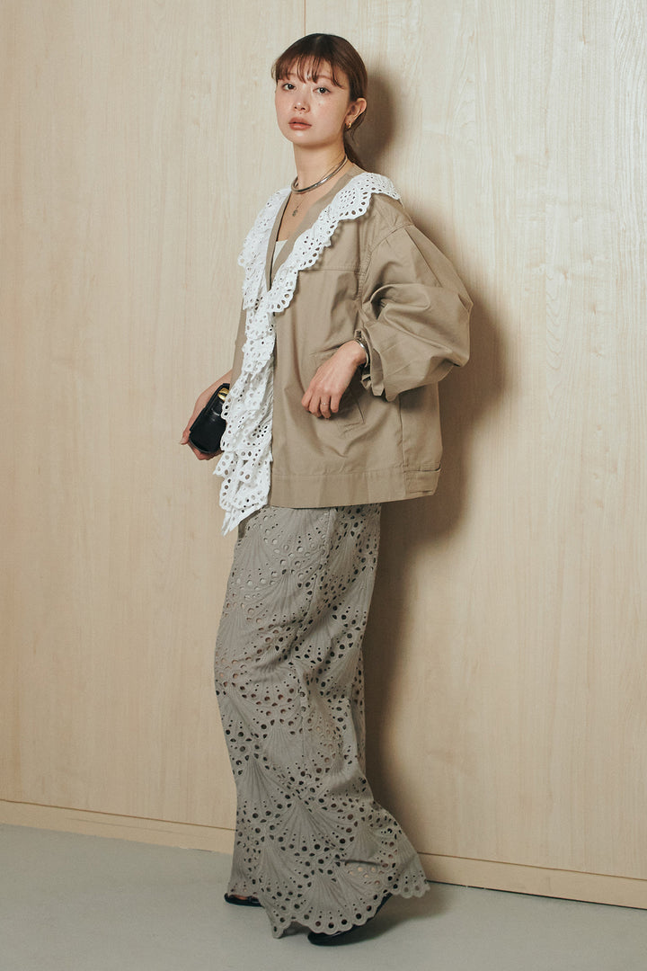[SET]レースフリルドッキングアウター+レース刺繍リラックスパンツ(2set)