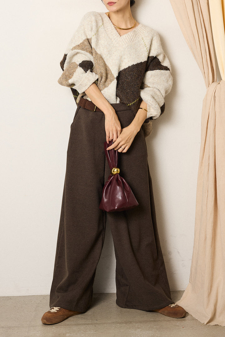 [SET]ルーズアーガイルVネックニット+サイドベルトパンツ(2set)