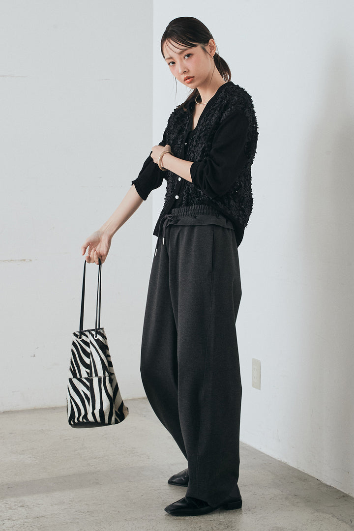 [SET]モコレースVネックカーディガン+カットダンボールウエストフリルカーブパンツ(2set)
