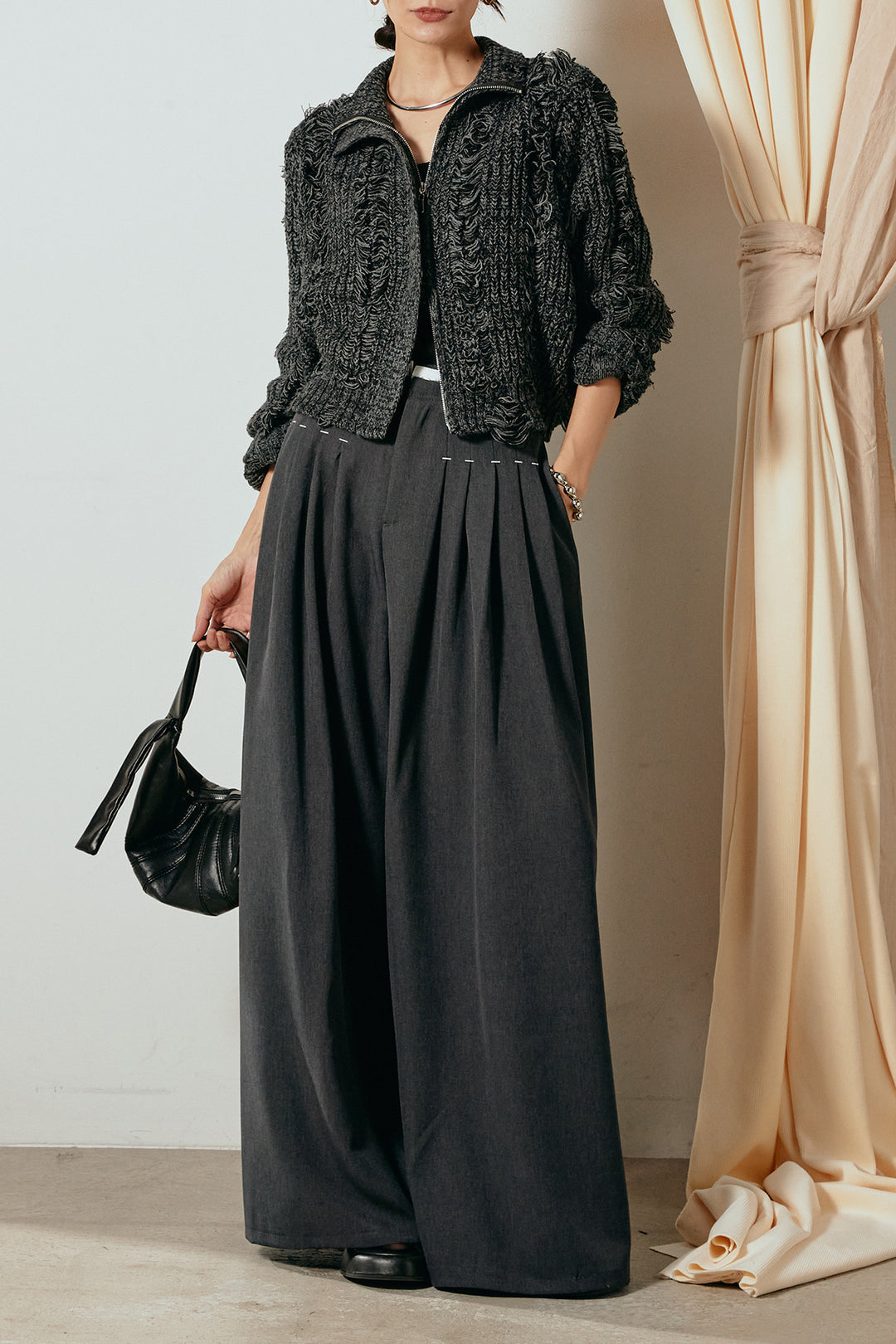 [SET]ハイネックフリンジジップニットトップス+ウエストステッチデザインワイドスラックス(2set)