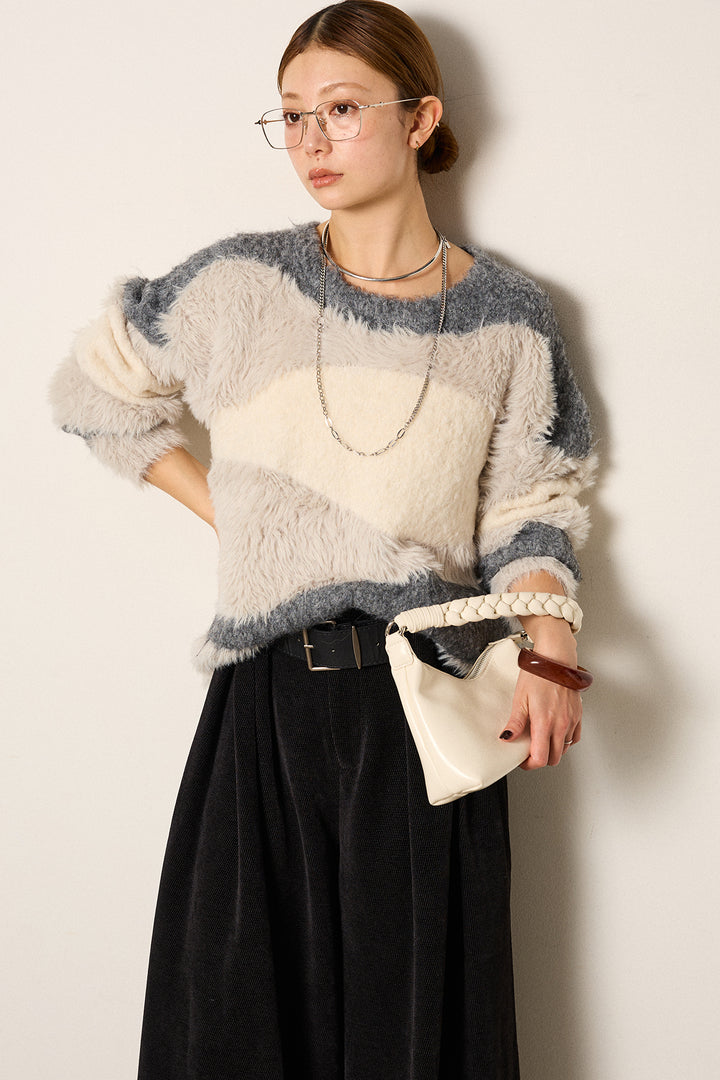 [SET]シャギーウェーブ柄クルーネックニットトップス+ベルトループコーデュロイワイドパンツ(2set)