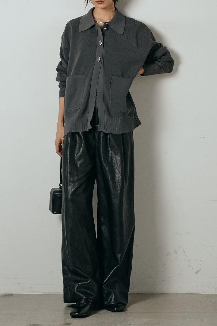 [SET]メタル釦衿付きニットカーディガン+ベルト付きレザーライクタックパンツ(2set)
