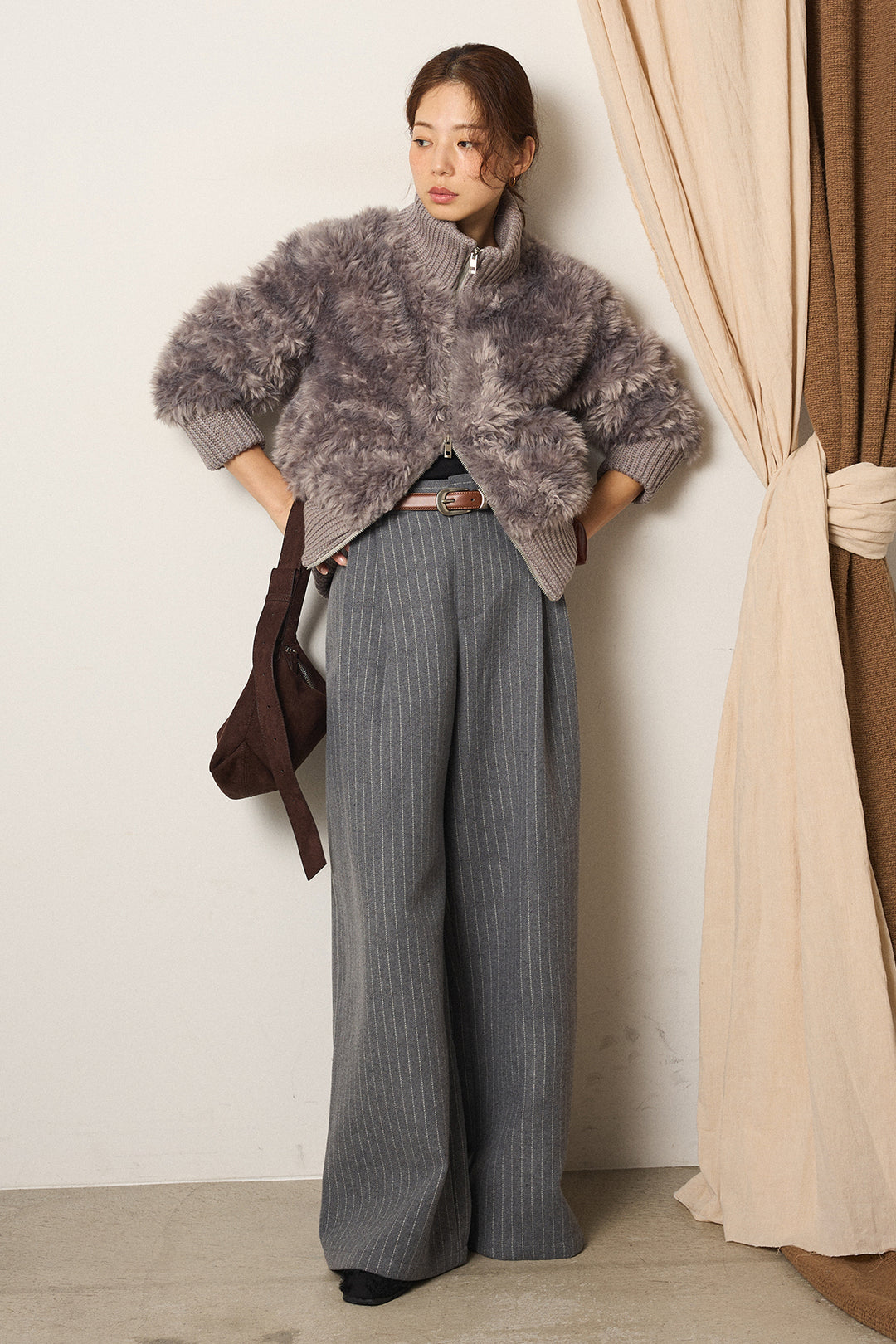 [SET]ハイネックボアブルゾン+ウールライクストライプパンツ(2set)