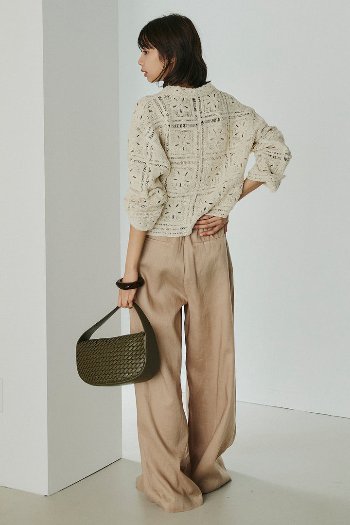 [SET]鍵編みフラワーレースカーディガン+タック入りワイドパンツ(2set)