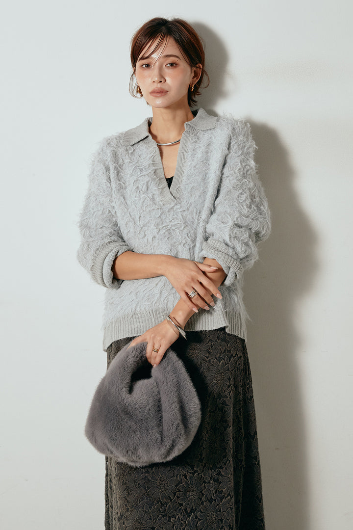 [SET]襟付きシャギーニットポロトップス+花柄刺繍ベロアフレアスカート(2set)