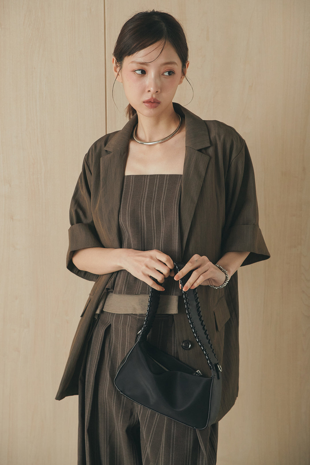 [SET]リネンストライプレイヤードキャミ+リネンストライプタックワイドパンツ(2set)