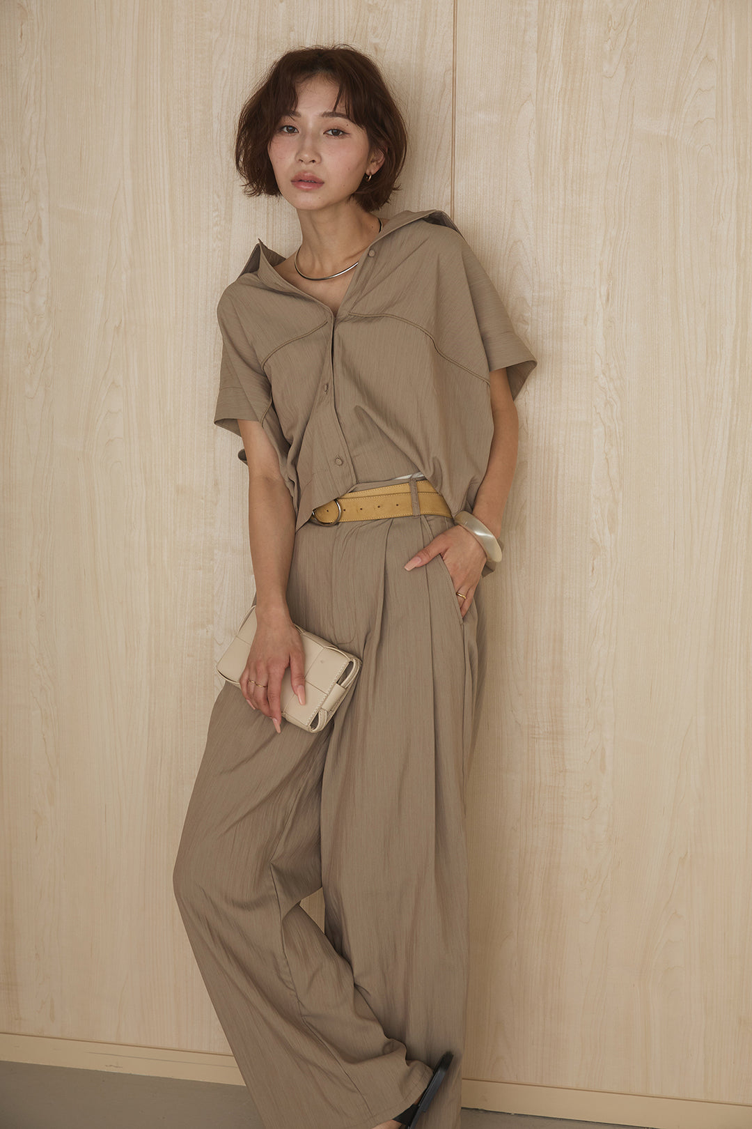 [SET]リネンライクランタンノースリシャツ+リネンライク2タックワイドパンツ(2set)