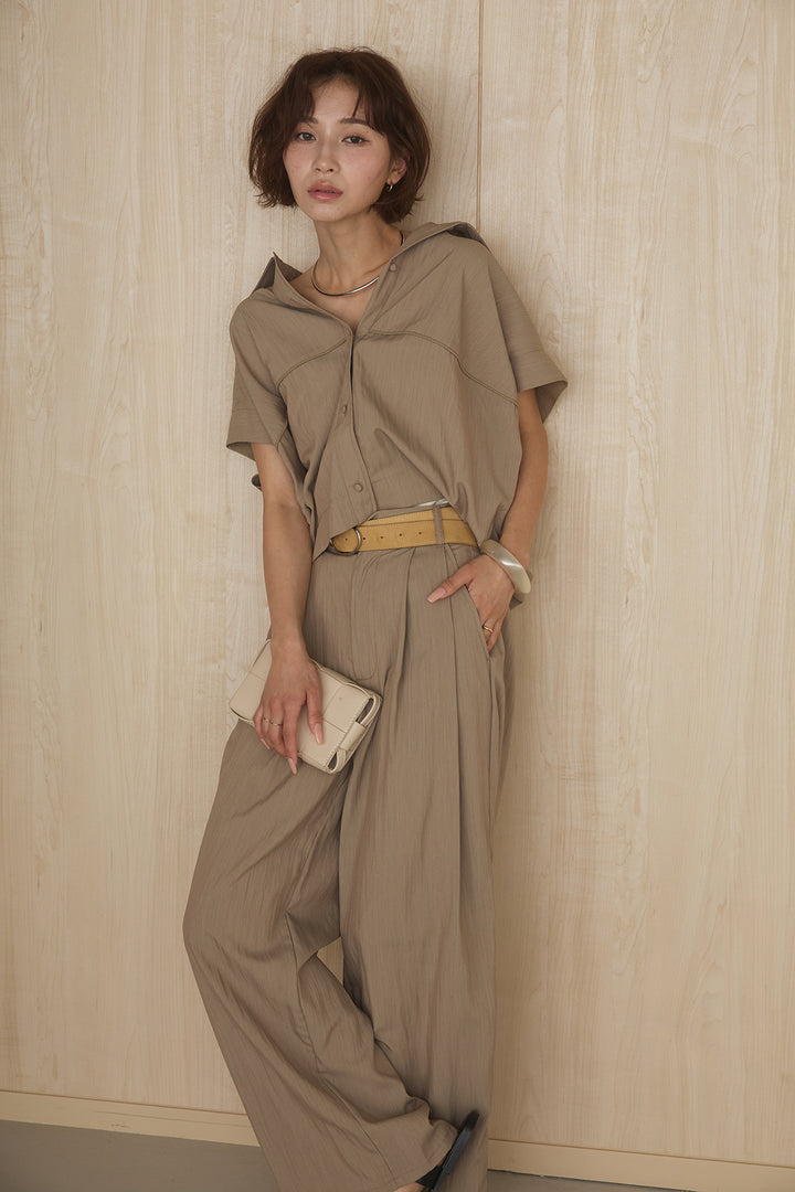 [SET]リネンライクランタンノースリシャツ+リネンライク2タックワイドパンツ(2set)