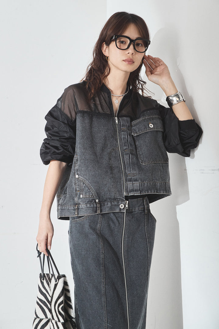 [SET]デニムコンビネーションブルゾン+フロントジップデニムスカート(2set)