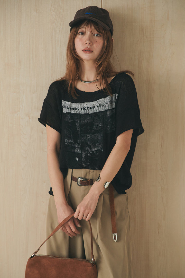 [SET]半袖モノトーングラフィックトップス+ベルトループデザインハイウエストタックパンツ(2set)