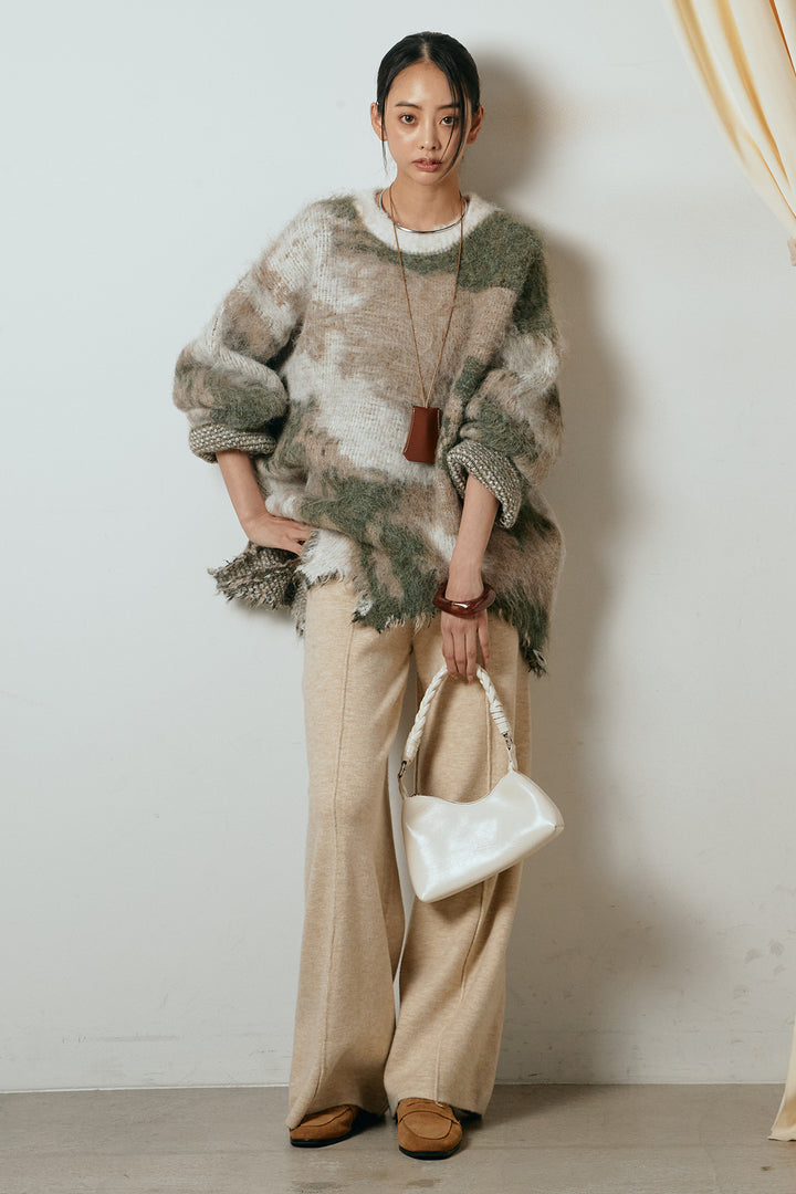 [SET]起毛裾デザインニュアンス柄ニットトップス+センターラインニットパンツ(2set)