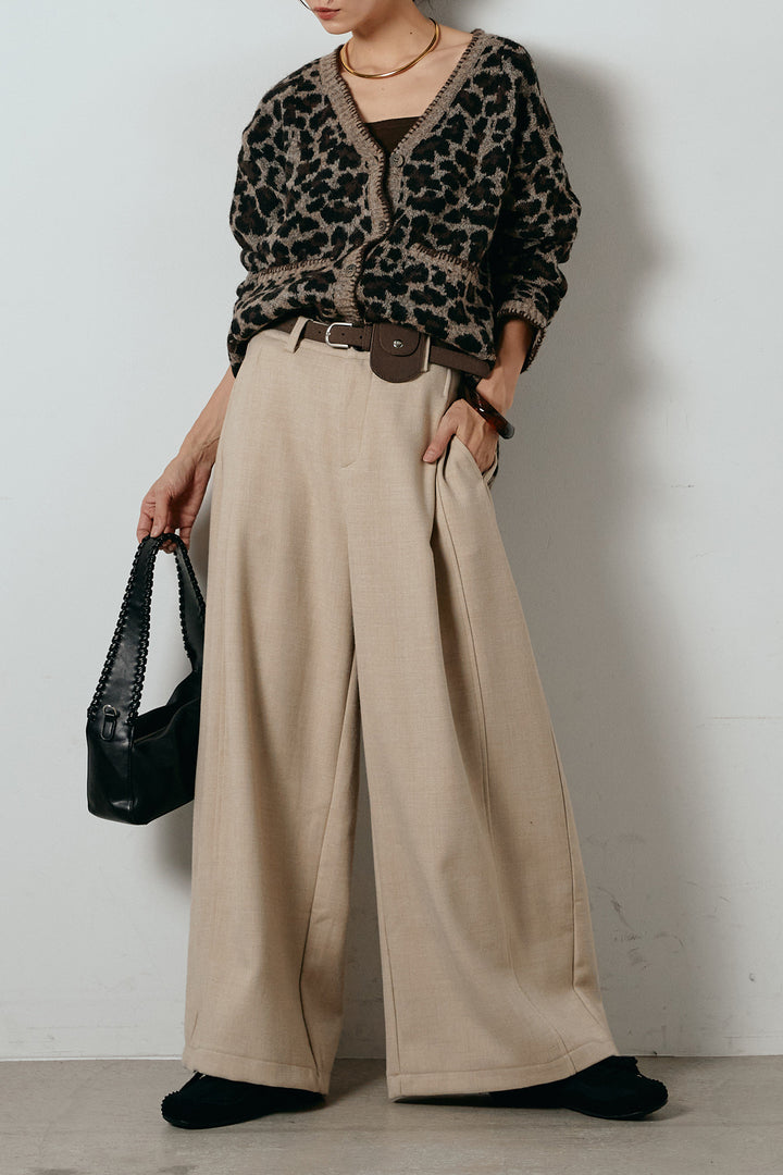 [SET]ステッチデザインレオパードニットカーディガン+ポーチベルト付きカーブパンツ(2set)