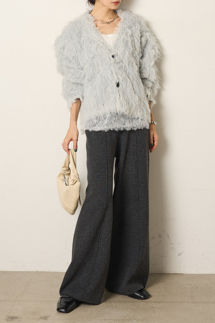 [SET]起毛シャギーニットカーディガン+センターラインニットパンツ+レース切り替えキャミソール(3set)