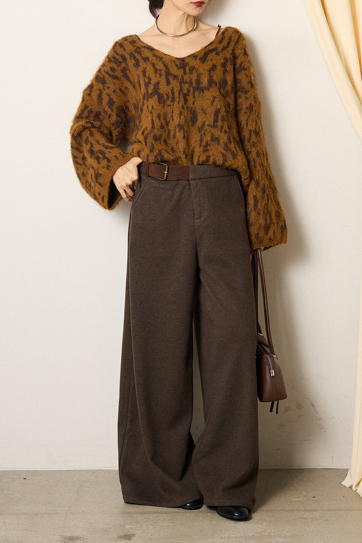 [SET]フラッフィーレオパードシャギーニット+サイドベルトパンツ(2set)