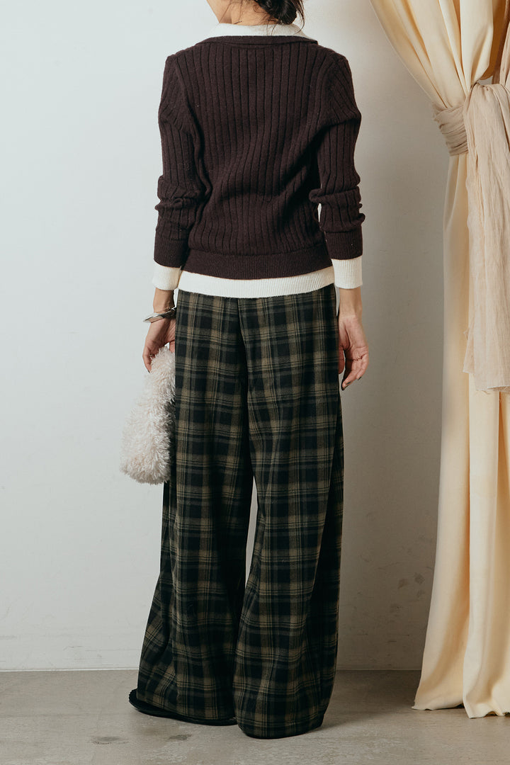 [SET]レイヤード風リブニットトップス+ベルト付きタータンチェックカーブワイドパンツ(2set)