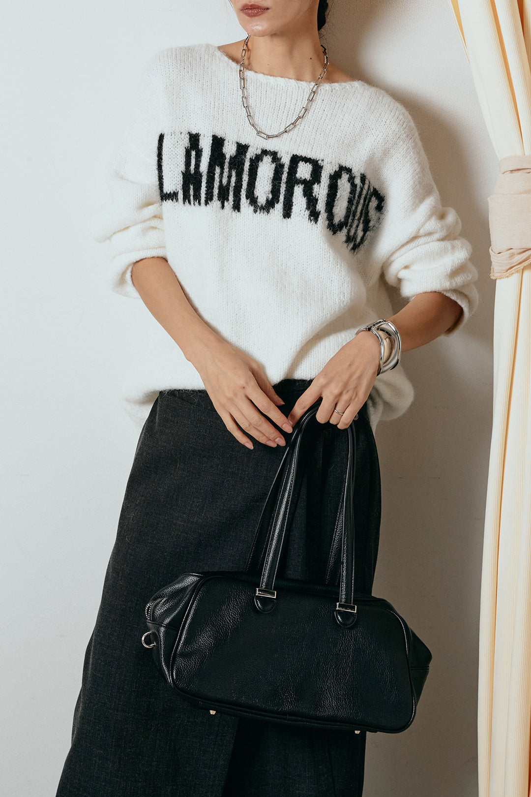 [SET]フロントロゴデザインニットトップス+ラップ巻きワイドスラックス(2set)