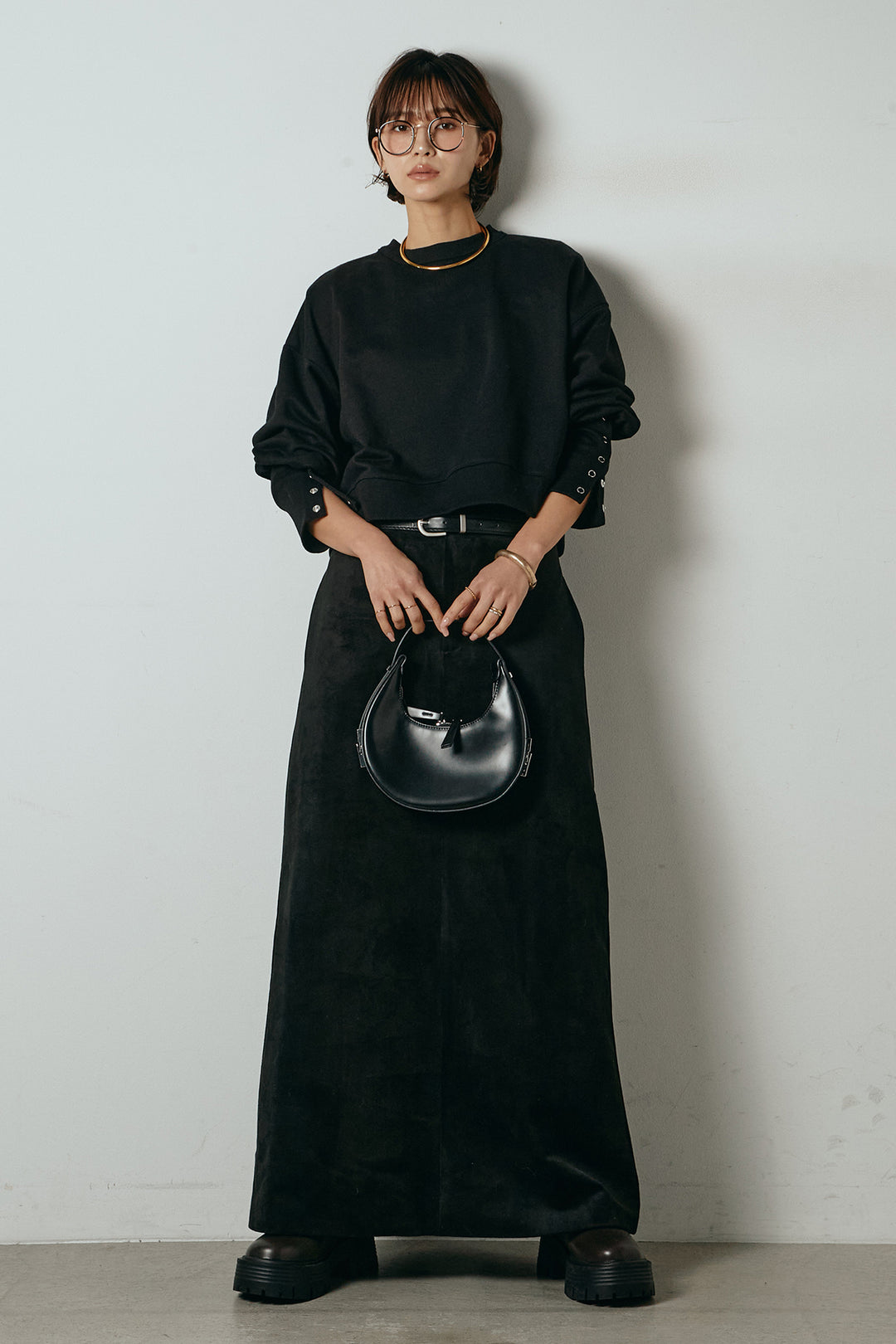 [SET]裏毛バックオープンプルオーバー+エコスウェードワイドスカート+ストレッチレースクルーネックインナー(3set)