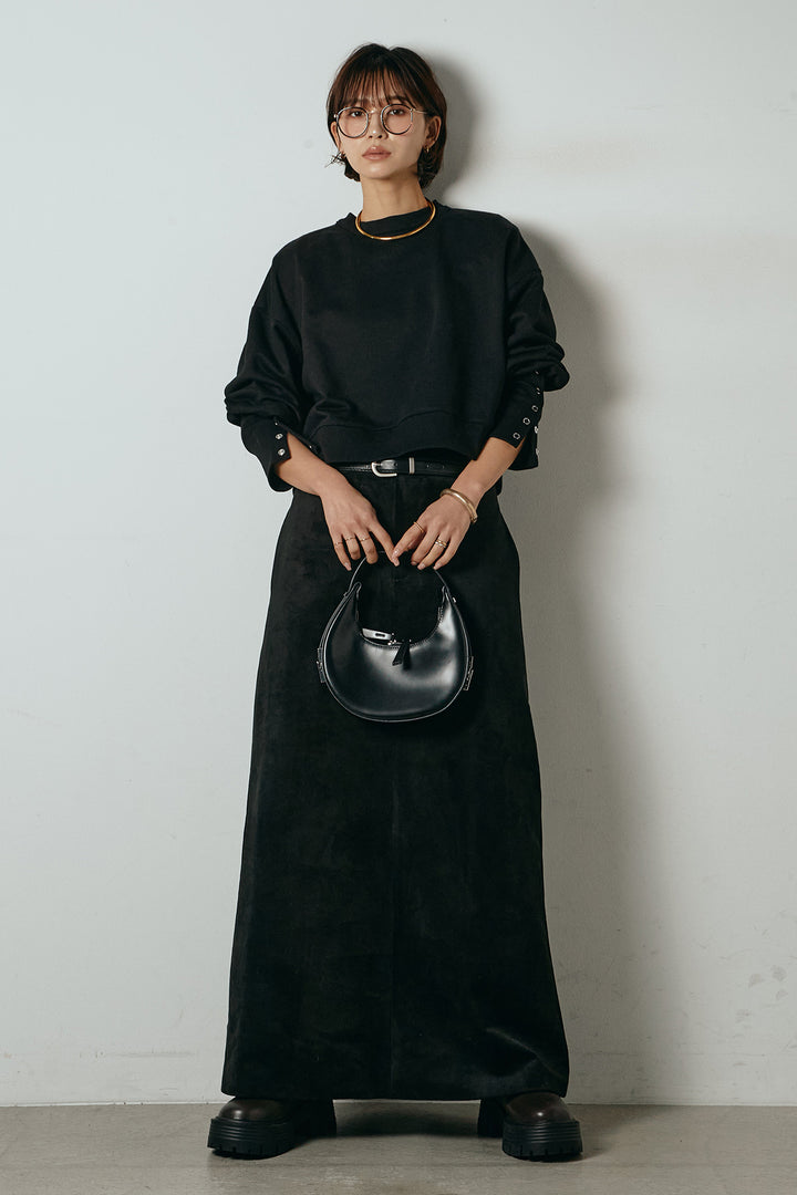 [SET]裏毛バックオープンプルオーバー+エコスウェードワイドスカート+ストレッチレースクルーネックインナー(3set)