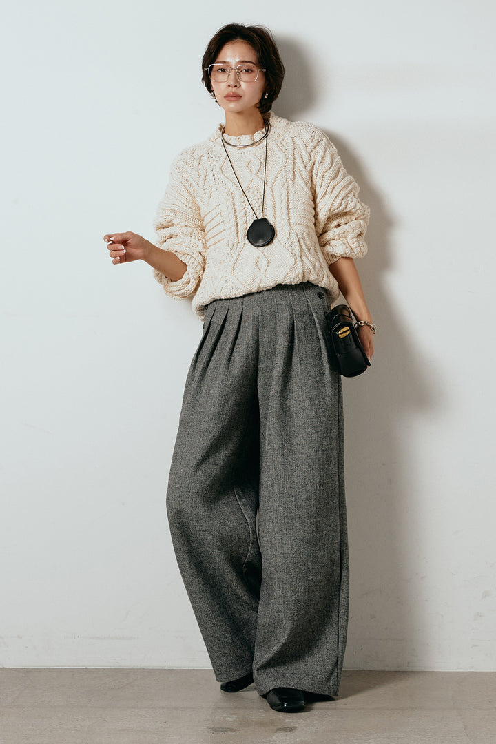 [SET]アラン柄ミックスケーブルニット+サイドボタンツイードタックパンツ(2set)