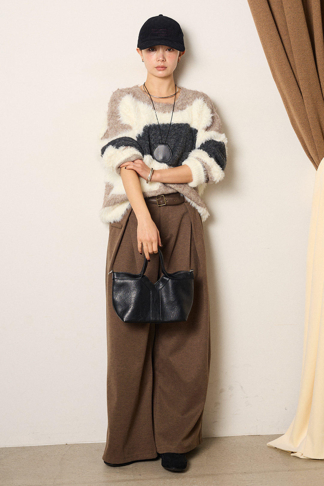 [SET]シャギーウェーブ柄クルーネックニットトップス+細ベルト付き起毛タックワイドパンツ(2set)