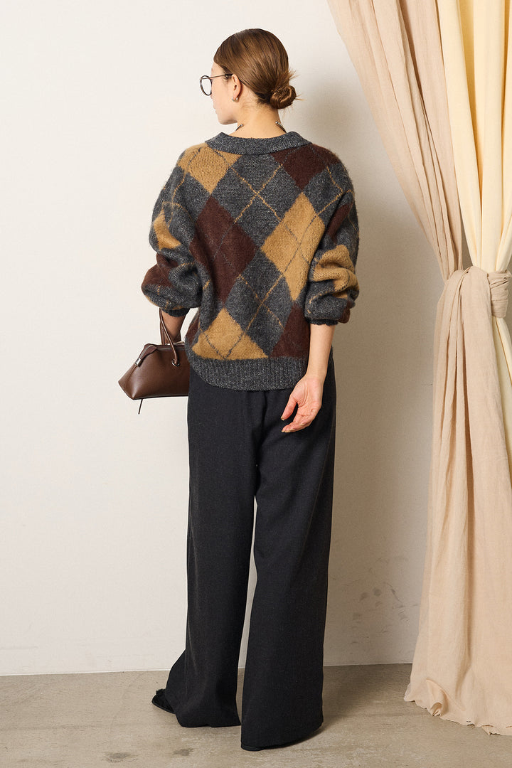 [SET]アクリルモヘアアーガイルキーネックプルオーバー+フロントワイドタックネップ入ワイドパンツ(2set)