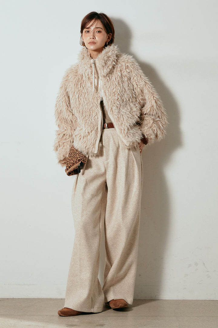 [SET]ミックスシープファースタンドブルゾン+フェイクウールタックトラウザーズパンツ(2set)