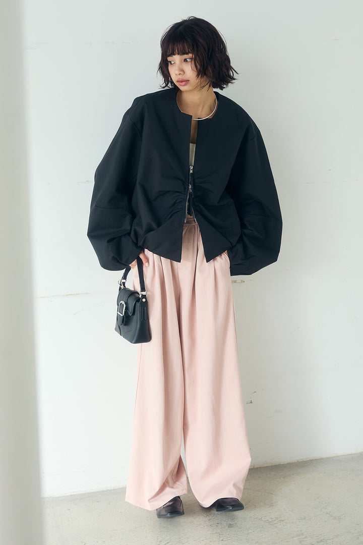[SET]ノーカラーフロントギャザージップアウター+ツイルメニータックパンツ(2set)