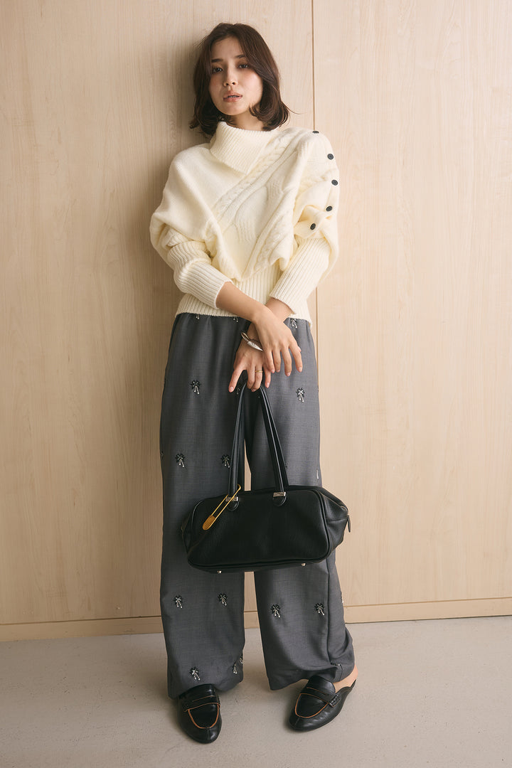 [SET]アシメカラーボタンケーブルニット+総ビーズ刺繍パンツ(2set)