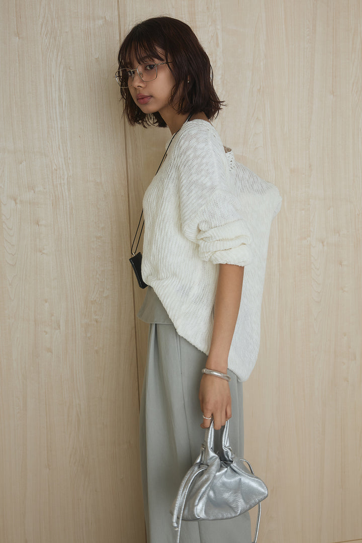 [SET]ネック編みデザインニットトップス+ウエスト折り返しワイドパンツ(2set)