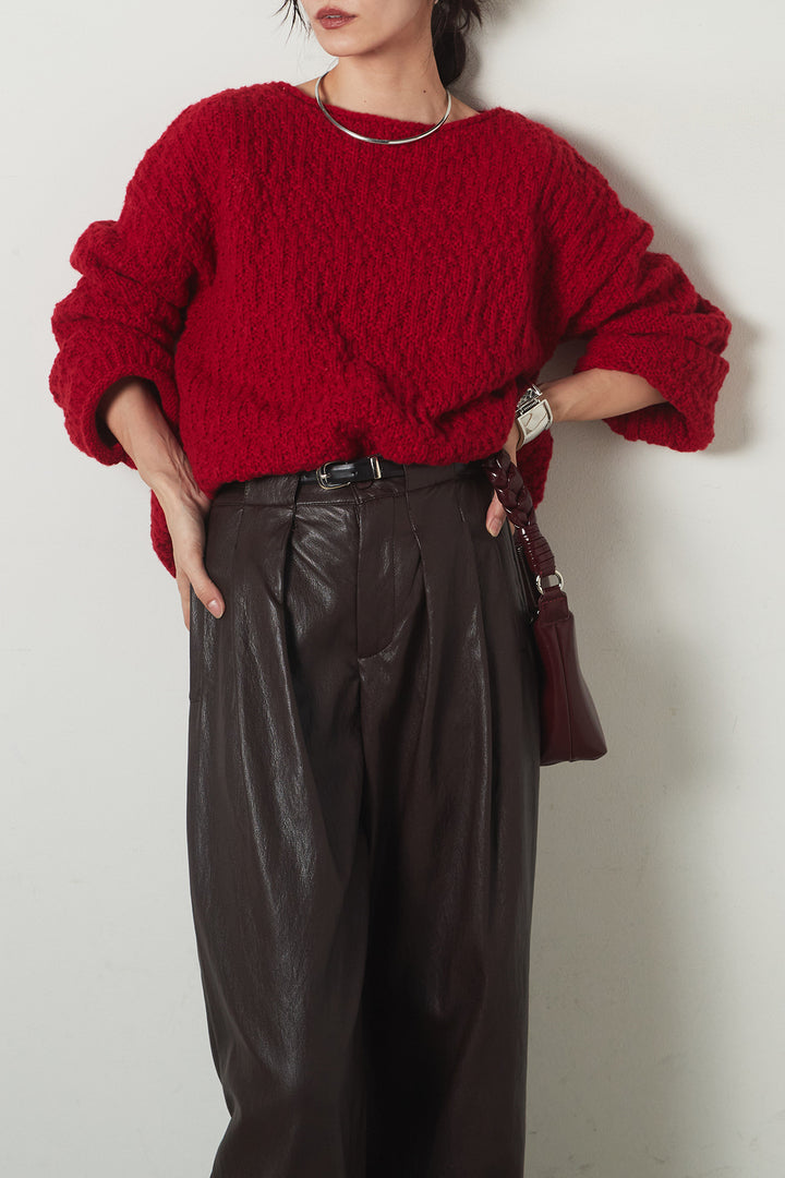 [SET]ボリューム編みニットプルオーバー+ベルト付きレザーライクタックパンツ(2set)