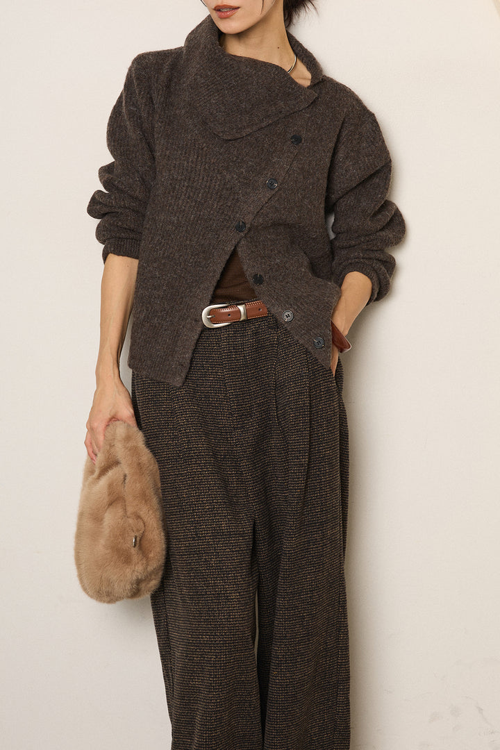 [SET]ボタンデザインネックニットプルオーバー+起毛タック入りツイードワイドパンツ(2set)