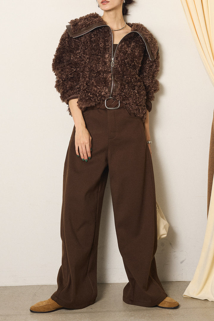 [SET]ビッグカラープードルボアアウター+編みベルト付きワイドパンツ(2set)