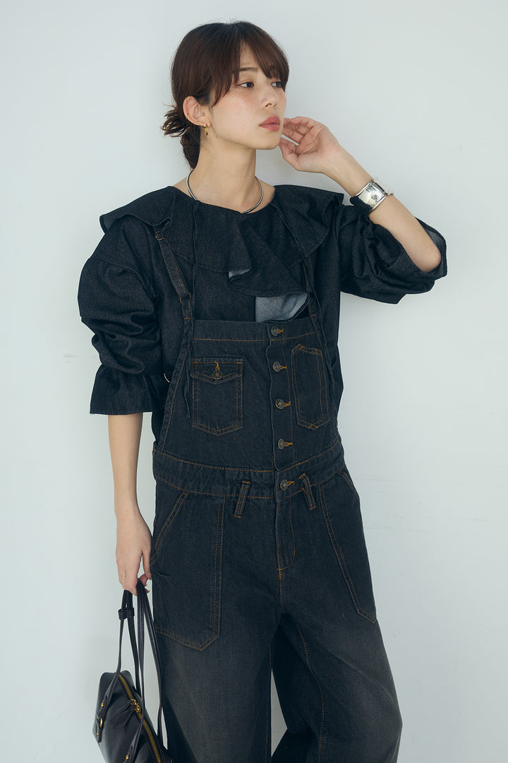 [SET]デニムフリルブラウス+デニムサロペットワイドパンツ(2set)