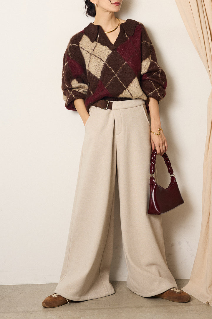 [SET]アクリルモヘアアーガイルキーネックプルオーバー+サイドベルトパンツ(2set)