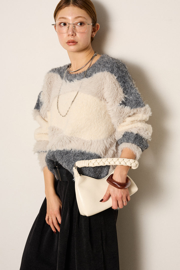 [SET]シャギーウェーブ柄クルーネックニットトップス+ベルトループコーデュロイワイドパンツ(2set)