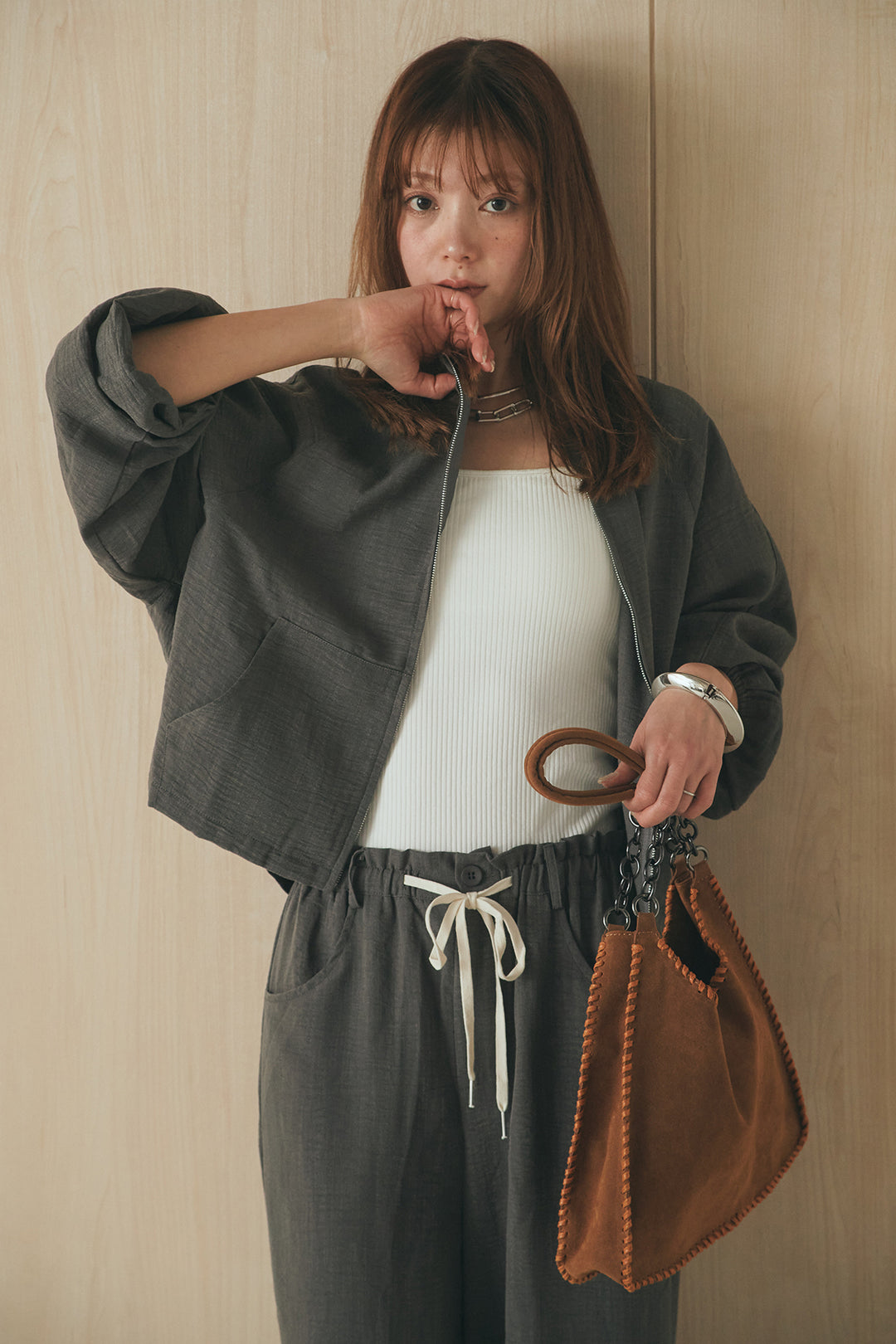 [SET]麻混ノーカラーブルゾン+麻混ウエストドロストパンツ(2set)