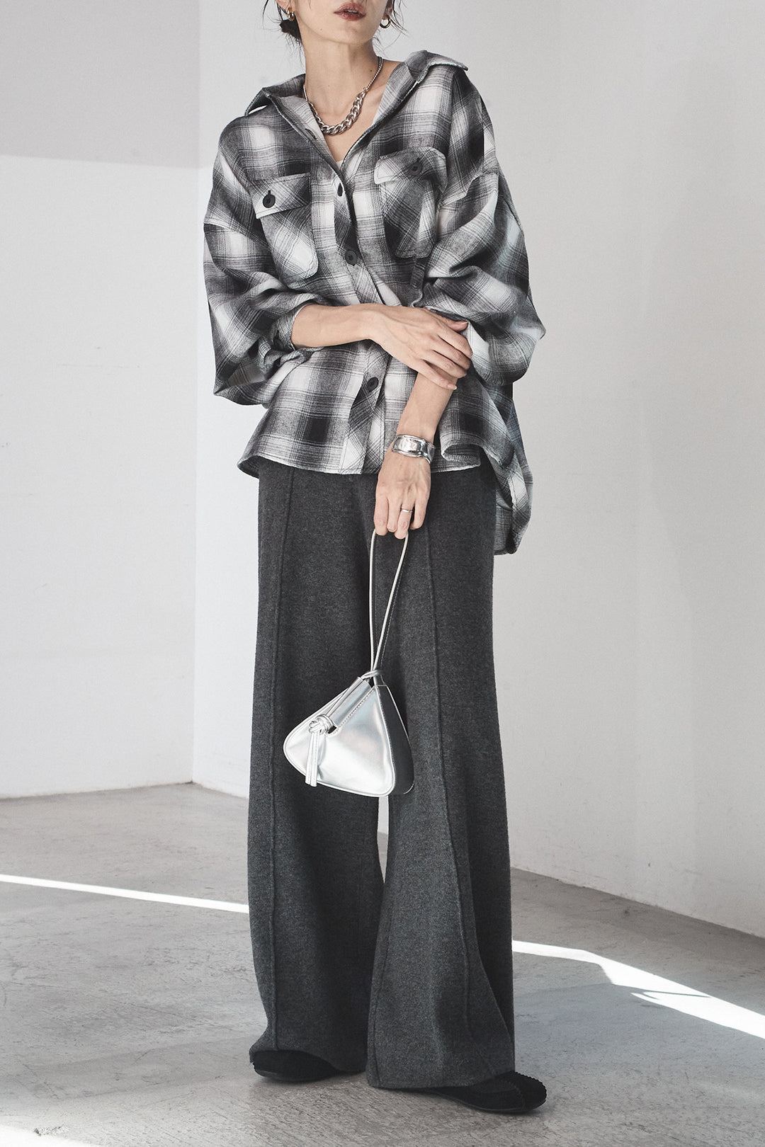 [SET]オンブレーチェックビッグシルエットCPOシャツ+センターラインニットパンツ(2set)