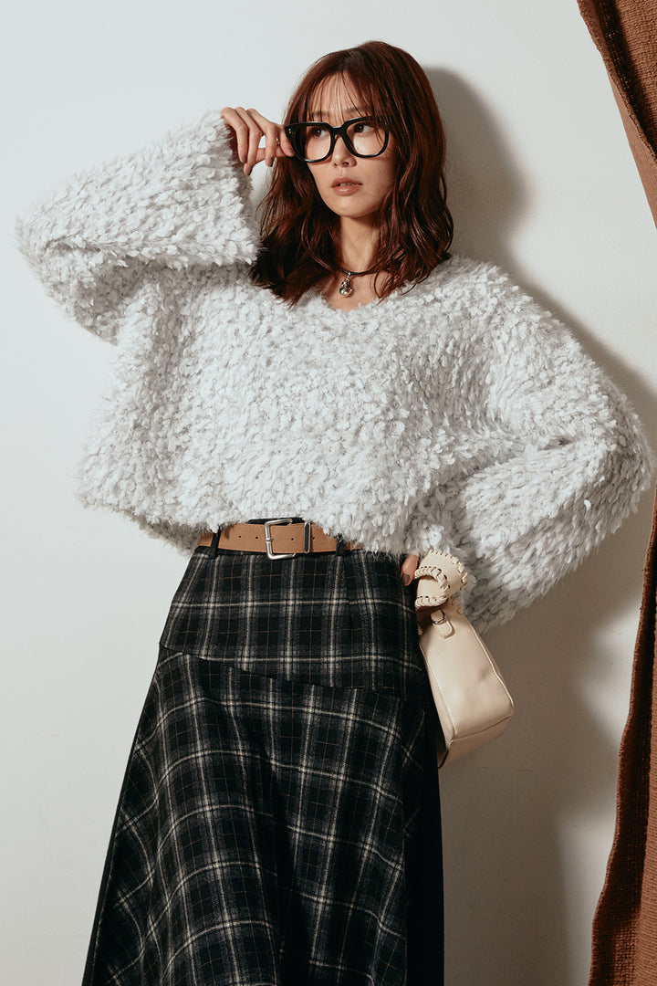 [SET]深Vネックチョウチョヤーンニットトップス+フェイクレザーベルト付き切り替えタータンチェックスカート(2set)