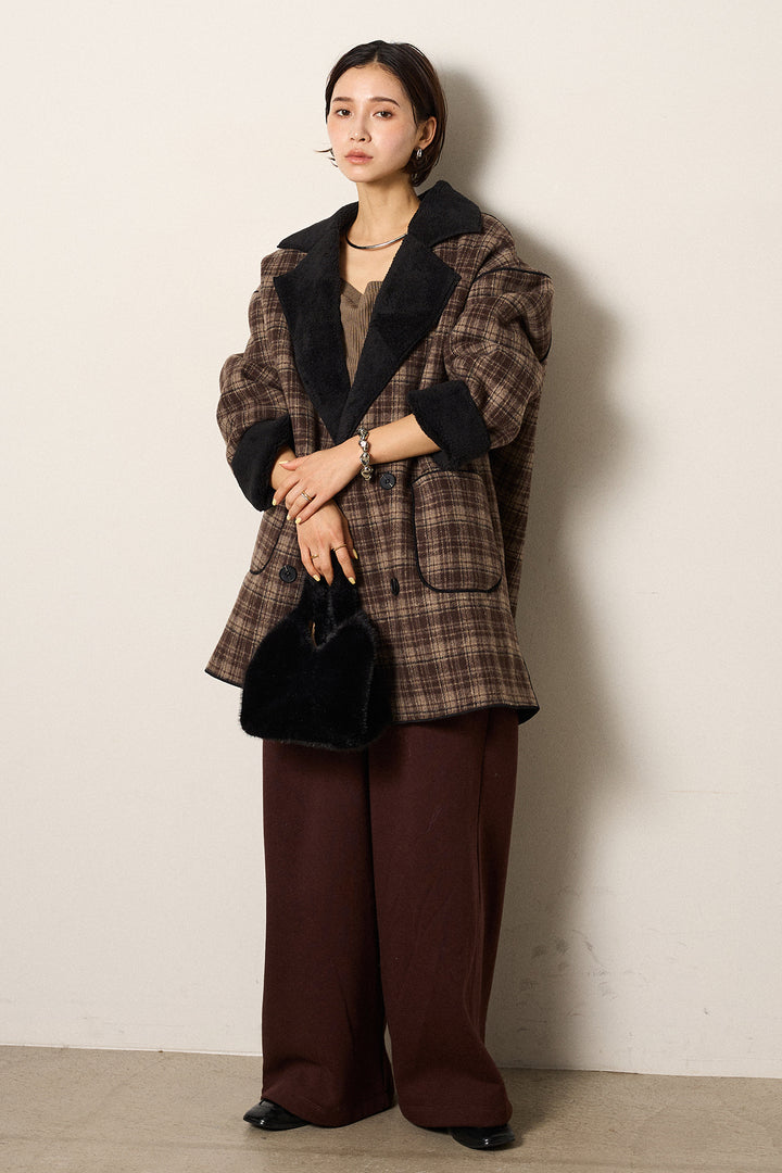 [SET]裏地ボアタータンチェック柄ミディアムコート+裏起毛スウェットワイドパンツ(2set)