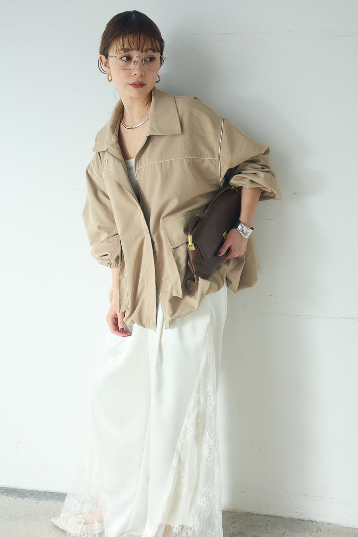 [SET]合繊ツイルバルーンジャケット+サテンレース切り替えタックパンツ(2set)