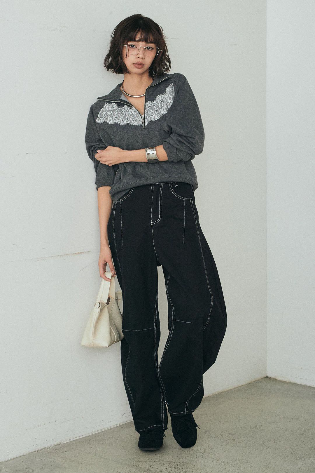 [SET]リバーレースハーフジップ裏毛スウェット+ツイル配色ステッチバレルパンツ(2set)
